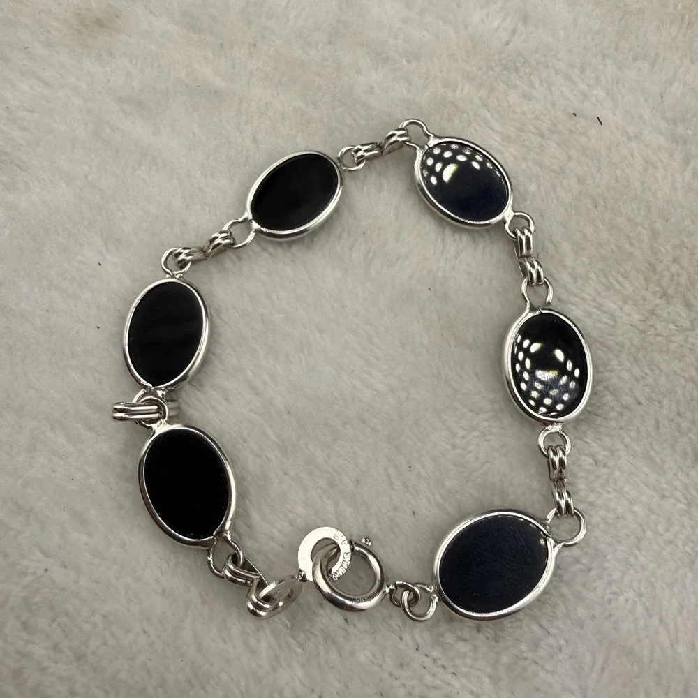 Vintage Sterling Silver Link Bracelet Signed LF Black Polished Stone  7